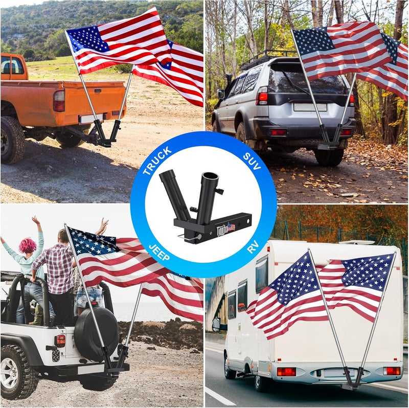Tanfix Foldable Double Hitch Mount Flagpole Holder | All Metal Heavy- Duty, Fits Standard 2" Trailer Hitch, Compatible with Jeep, Truck, SUV, RV, Pickup, Camper Trailer (Double Flagpoles) - Image 4